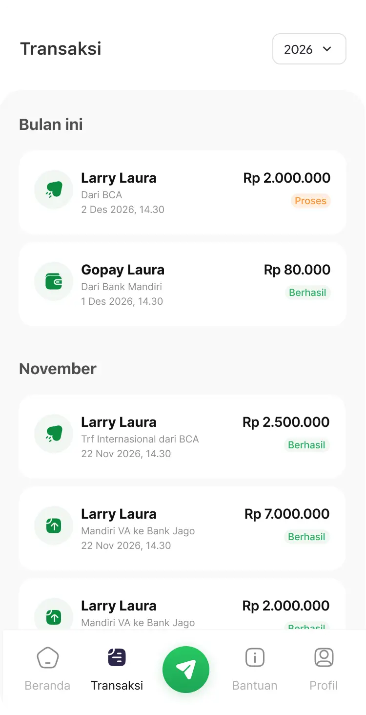 Aplikasi Valo — riwayat transaksi